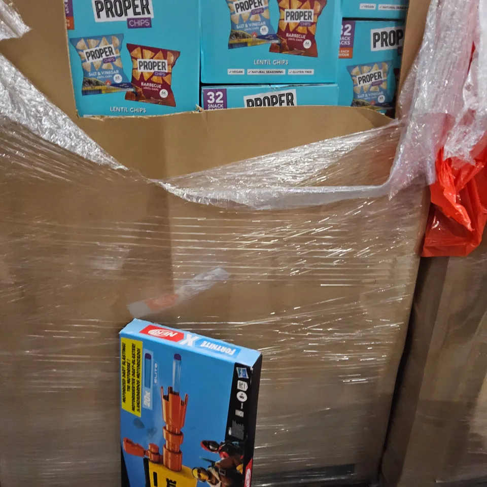 PALLET OF ASSORTED ITEMS TO INCLUDE,LENTIL CRISP SNACKS, NERF GUN, BATH MAT SETS.