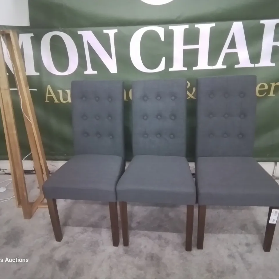 SET THREE REGENT SLATE FABRIC BUTTONED BACK DINING CHAIRS DARK LEGS