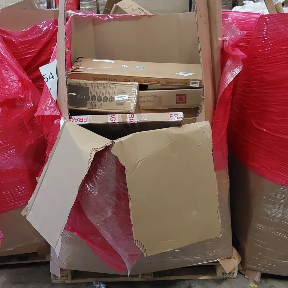 PALLET OF ASSORTED HOUSEHOLD ITEMS AND CONSUMER PRODUCTS. INCLUDES ROTARY DEHUMIDIFIER, NON-STICK TABLE GRILL, TOILET SEATS, AIR BED, BOXED FURNITURE ETC 