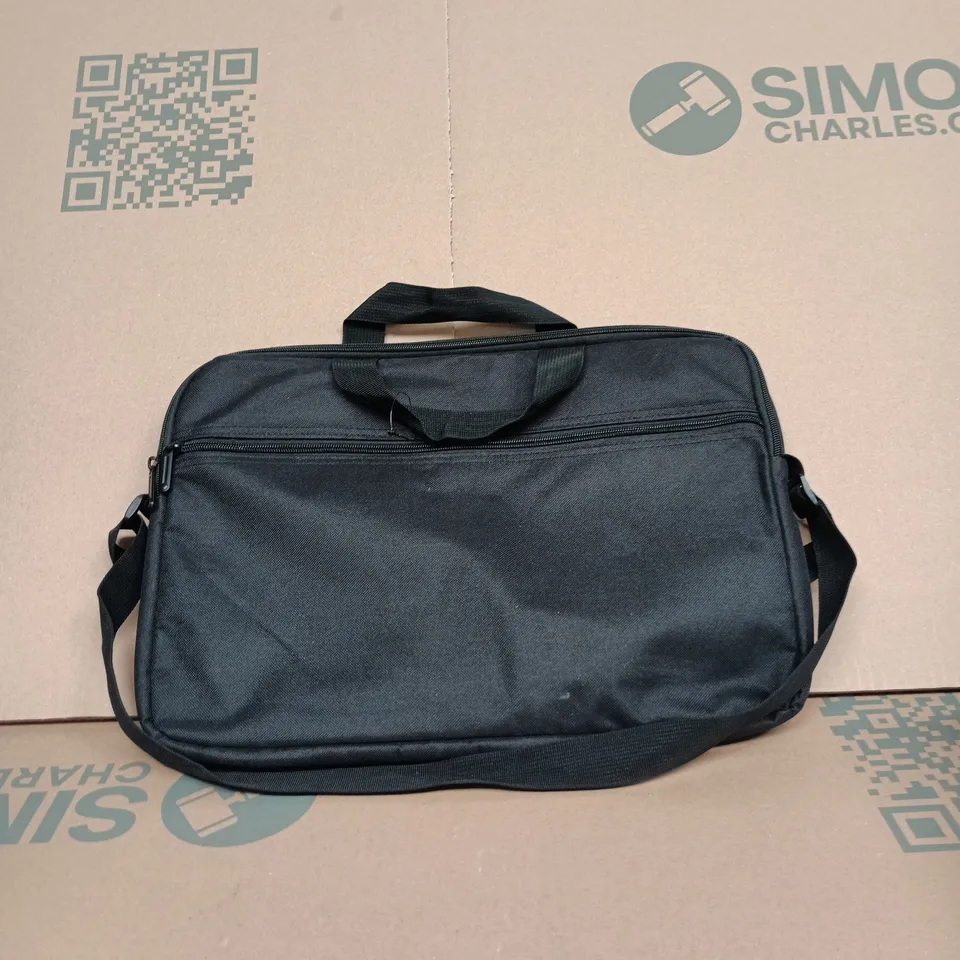 BOX OF APPROXIMATELY 15 ASSORTED GOODS INCLUDING DRY WIPES, BROOM AND A LAPTOP BAG