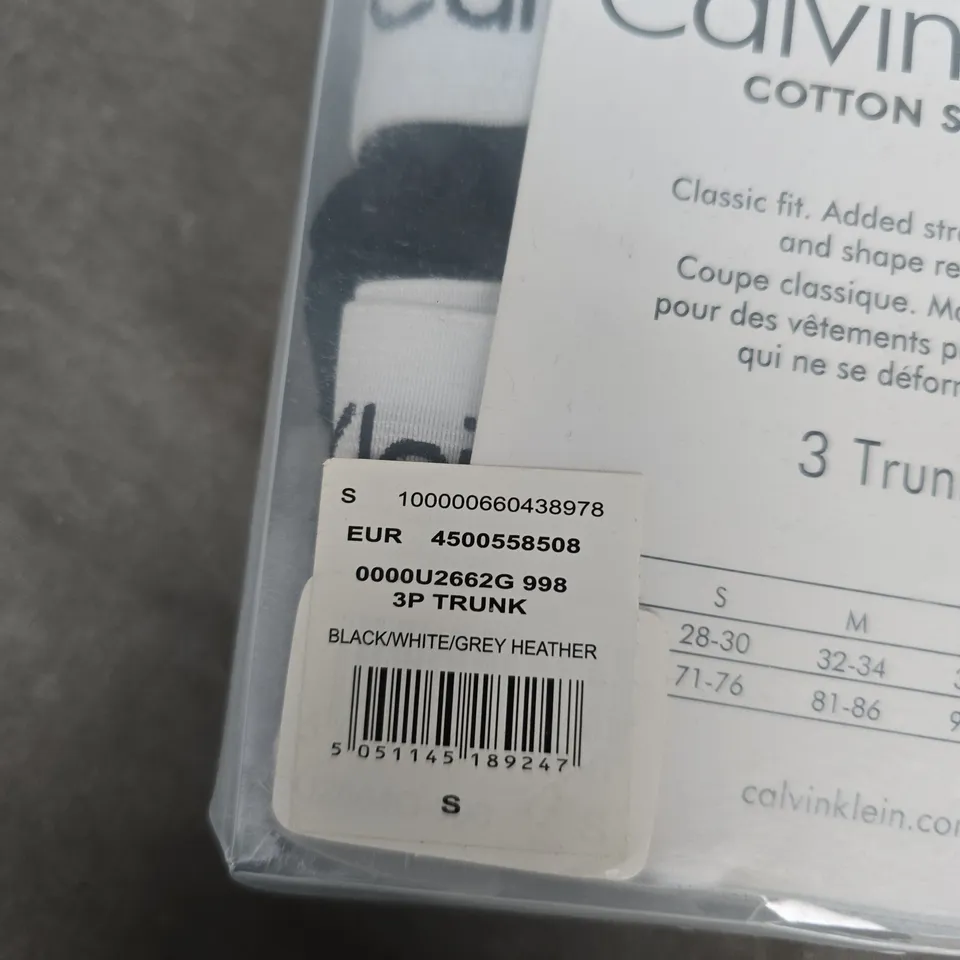 CALVIN KLEIN COTTON STRETCH TRUNK UNDERWEAR – 3 PACK, SIZE S, BLACK/WHITE/GREY HEATHER