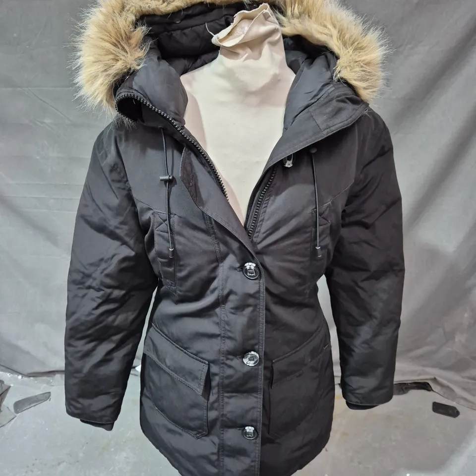 SUPERDRY ROOKIE DOWN EDITION FUR TRIM HOOD COAT IN BLACK SIZE 12