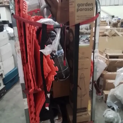 CAGE OF ASSORTED HOUSEHOLD GOODS AND PRODUCTS TO INCLUDE;SHOE RACK,GYM MATS,COAT HANGERS,DUMBBELL