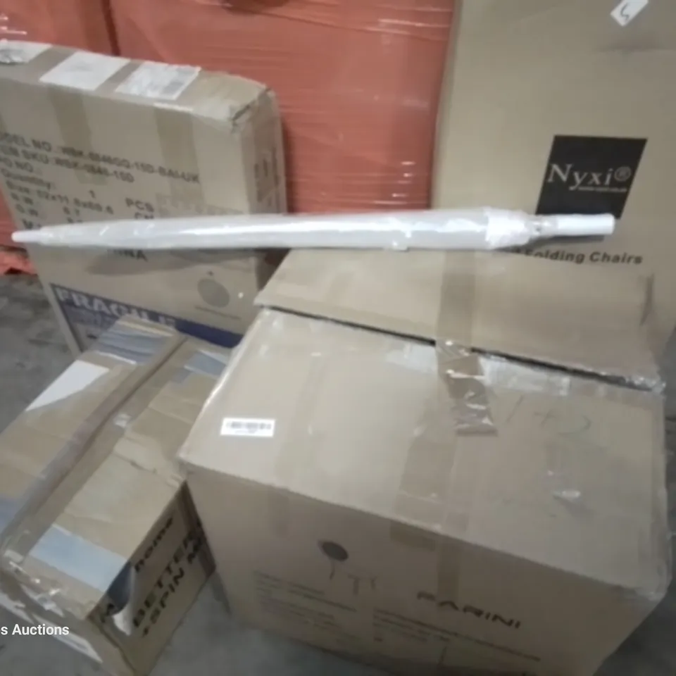 PALLET OF ASSORTED ITEMS TO INCLUDE, MEEDEM ULTIMATE POCHADE BOX, UMBRELLAS, BOXED CHAIRS, SPIN MOP, FOLDING CHAIR, SMART MIRROR.