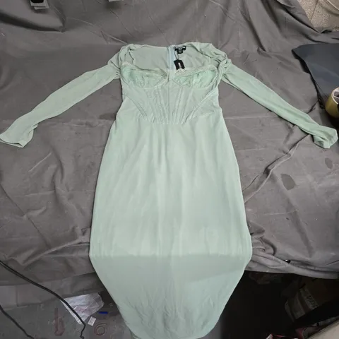 MINT GREEN WOMEN'S EVENING DRESS WITH LACE BODICE, LONG SLEEVES