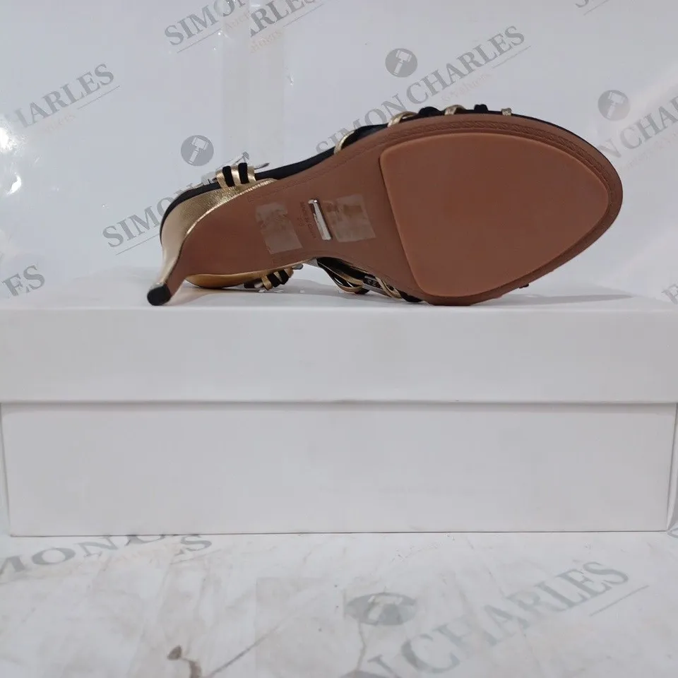 BOXED PAIR OF REISS CASSIDY STRAPPY HEELS IN BLACK/GOLD SIZE 5