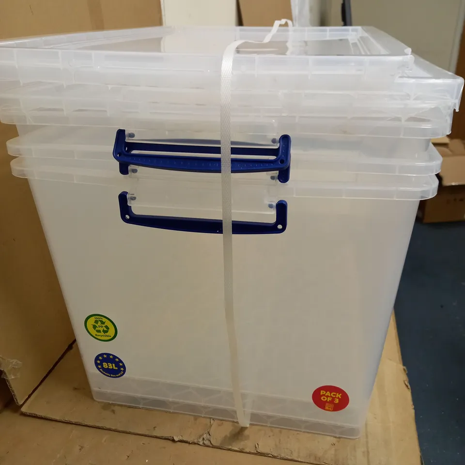REALLY USEFUL PRODUCTS 83 LITRE BOX, NESTABLE CLEAR, PACK OF 3