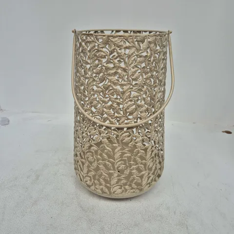 DECORATIVE METAL LANTERN CASE WITH LEAF FILIGREE AND CARRY HANDLE