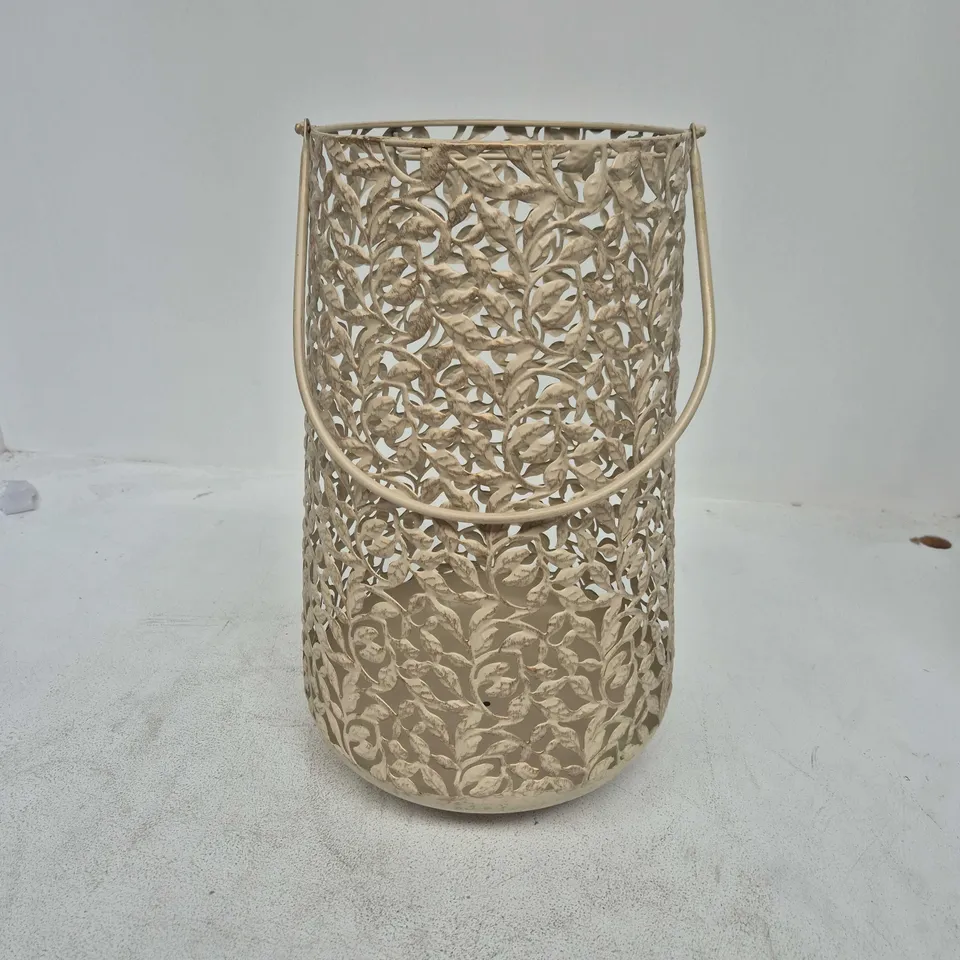 DECORATIVE METAL LANTERN CASE WITH LEAF FILIGREE AND CARRY HANDLE