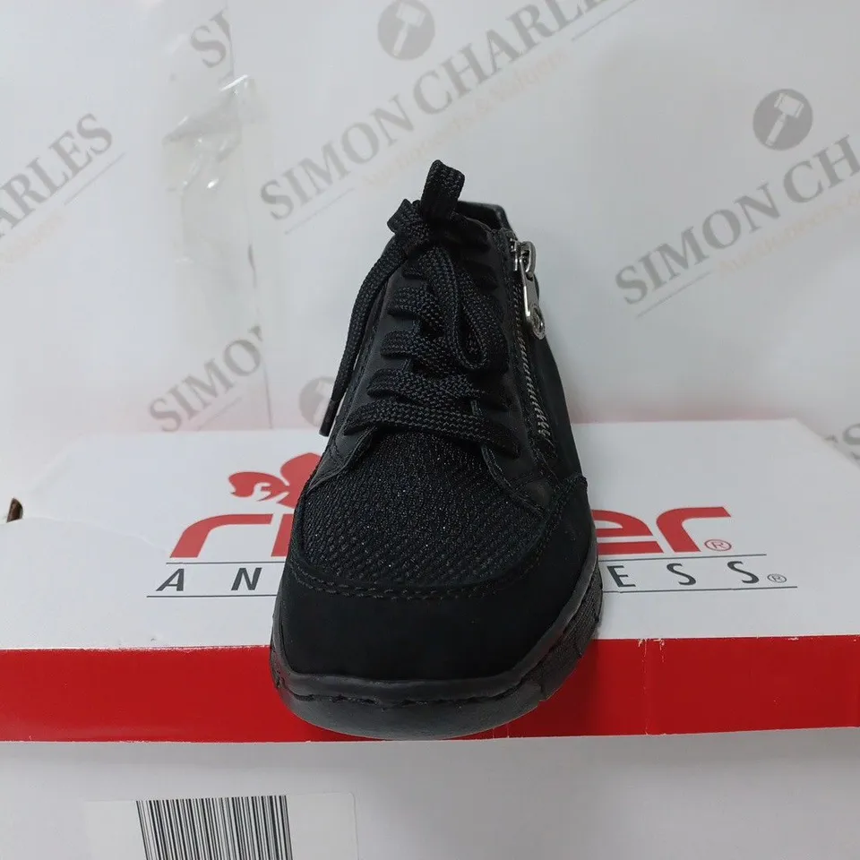 BOXED PAIR OF RIEKER WEDGE TRAINERS IN BLACK UK SIZE 4
