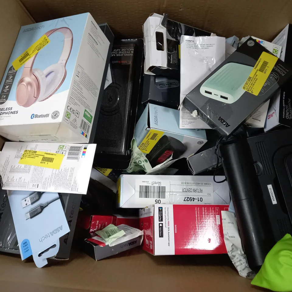 BOX OF APPROXIMATELY 20 ASSORTED ELECTRICALS TO INCLUDE MIXX EX1 HEADPHONES, WIRELESS KEYBOARD, BIG BUTTON LANDLINE PHONE, ETC