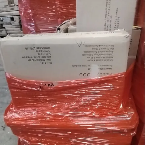 PALLET OF ASSORTED HOUSEHOLD GOODS AND PRODUCTS TO INCLUDE; CHICKEN COOPS, STEP LADDERS, BOXED FURNITURE ETC
