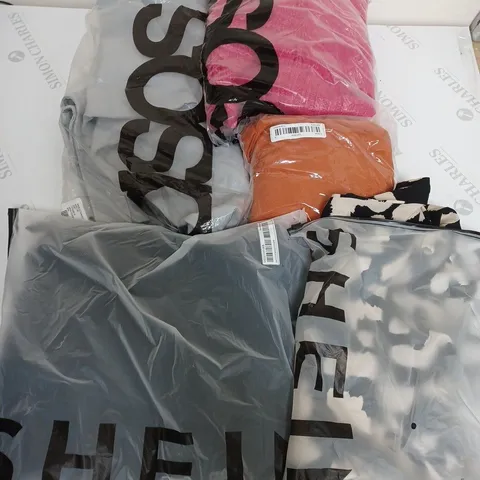LARGE BOX OF ASSORTED CLOTHING ITEMS IN VARIOUS COLOURS AND SIZES INCLUDING TROUSERS , TOPS AND JUMPERS 