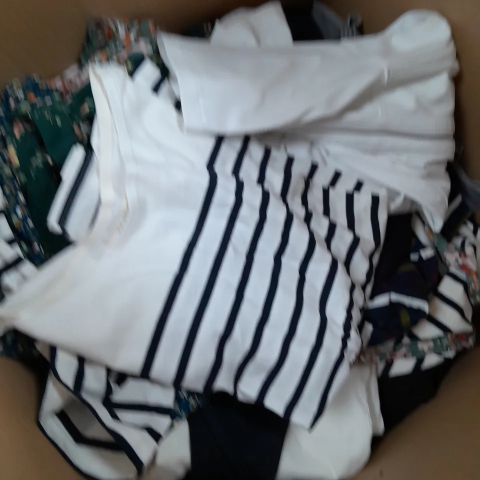 BOX OF APPROXIMATELY 20 ASSORTED CLOTHING ITEMS TO INCLUDE PANTS, TOPS, DRESSES ETC