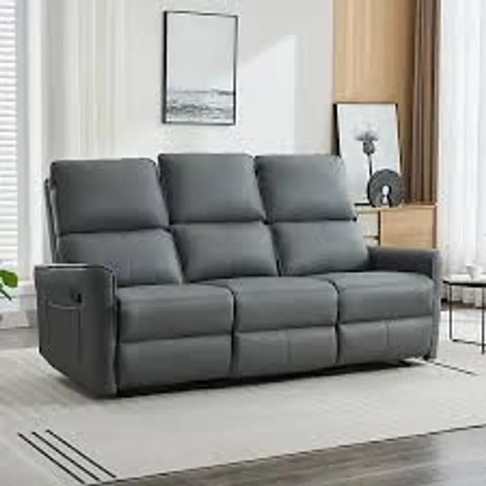 BOXED MADRID 3 SEATER AIR LEATHER RECLINER SOFA IN GREY (3 BOXES)