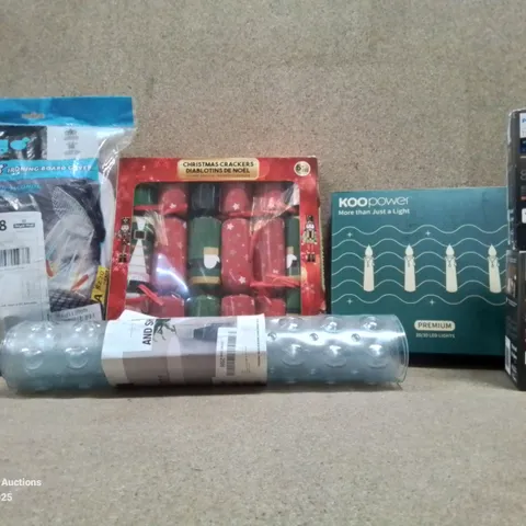 BOX TO CONTAIN ASSORTED HOUSEHOLD GOODS AND PRODUCTS TO INCLUDE; CHRISTMAS CRACKERS, PHILIPS HUE BULBS (ALEXA COMPATIBLE), IRONING BOARD COVER ETC