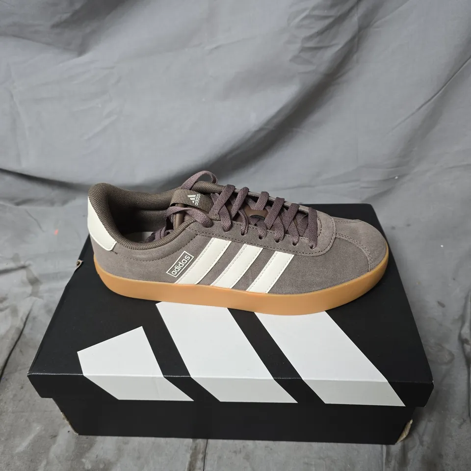 ADIDAS SUEDE TRAINERS – BROWN/TAUPE WITH WHITE STRIPES UK 6