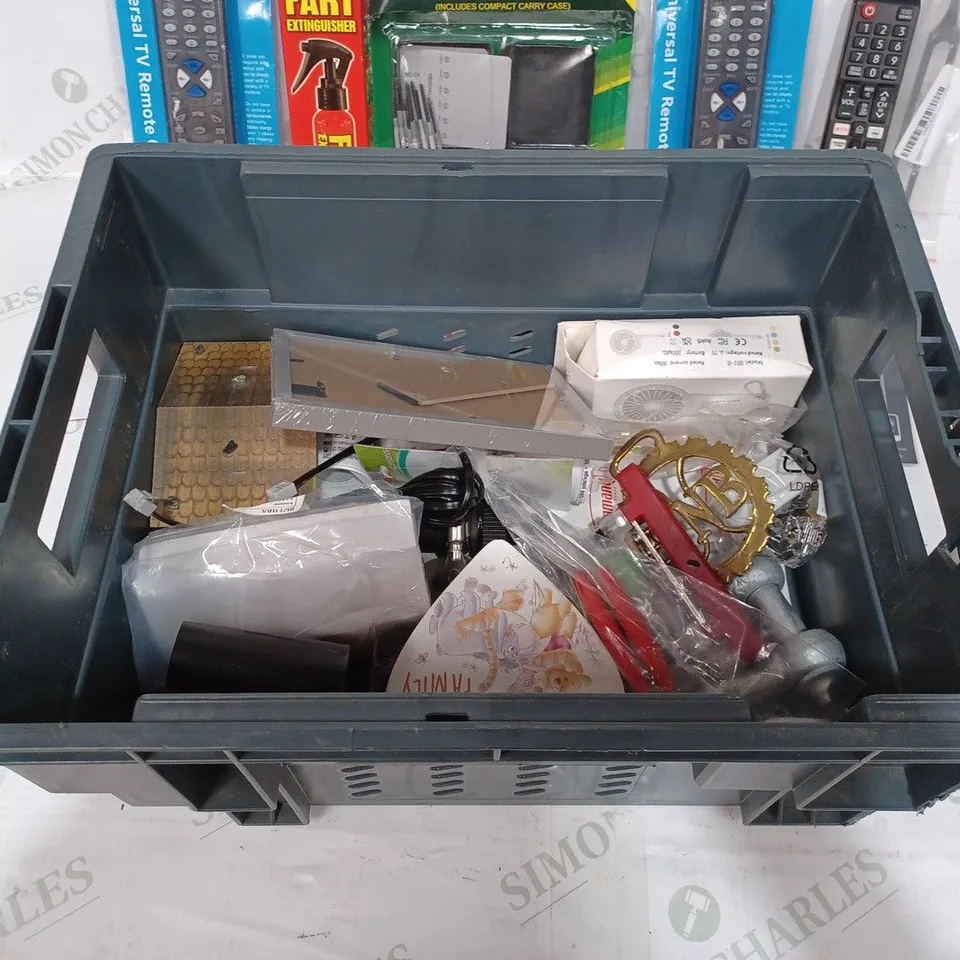 BOX TO CONTAIN APPROX. 25 X ASSORTED HOUSEHOLD PRODUCTS. INCLUDES GOLF BALLS, TV REMOTES, TAPE MEASURE, FLY KILLER ETC