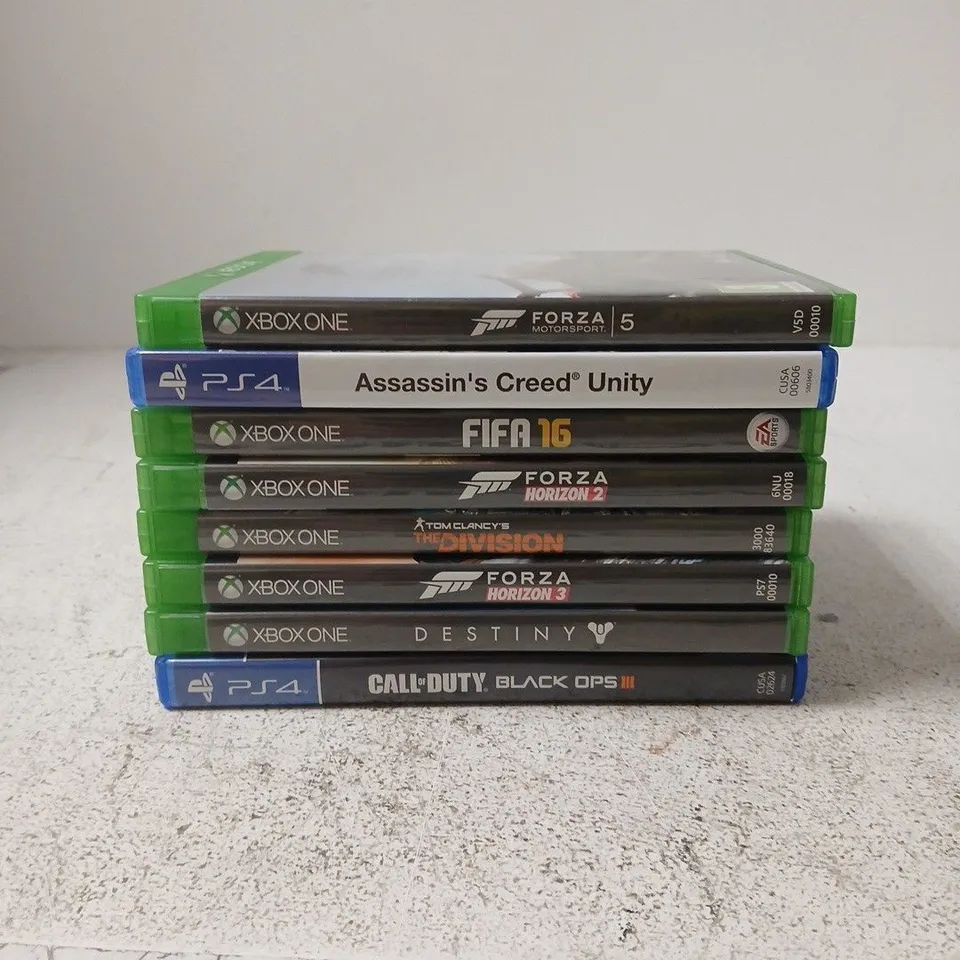 APPROXIMATELY 8 ASSORTED VIDEO GAMES TO INCLUDE FIFA 16, DESTINY, FORZA HORIZON 3 ETC
