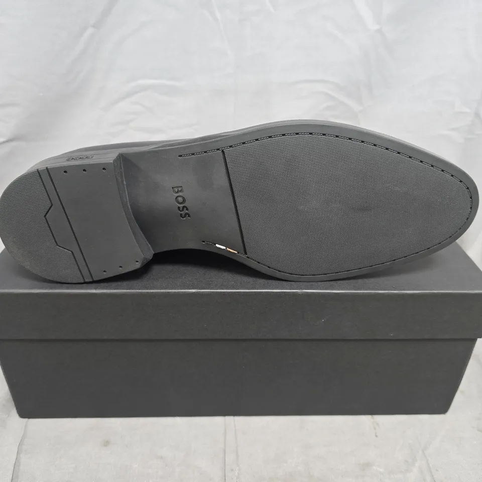 BOXED PAIR OF HUGO BOSS BLACK LEATHER PENNY LOAFERS – MEN'S, UK 8