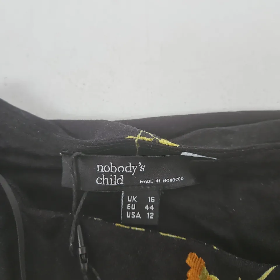 NOBODY'S CHILD BLACK FLORAL PRINT DRESS, UK 16 (EU 44, USA 12) – MADE IN MOROCCO