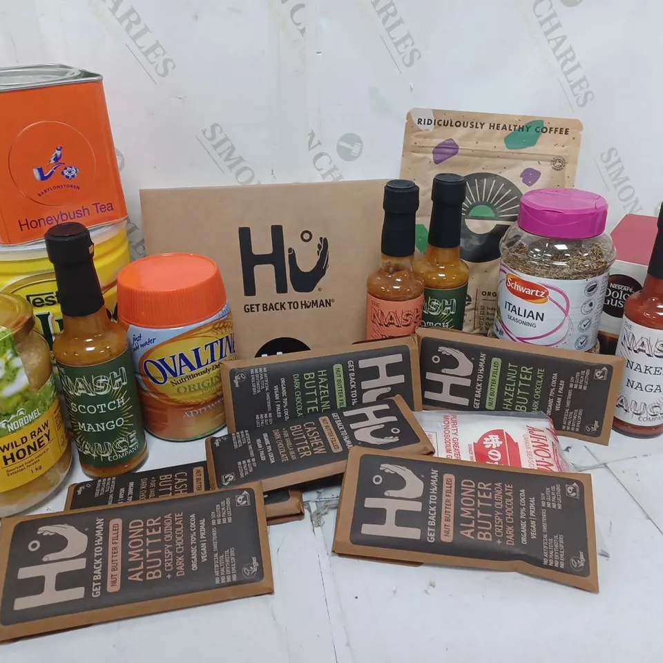 APPROXIMATELY 18 ASSORTED FOOD & DRINK PRODUCTS TO INCLUDE WILD RAW HONEY, NESTLE NIDO CREAM MILK POWDER, THE NASH SCORCH MANGO SAYCE, ETC