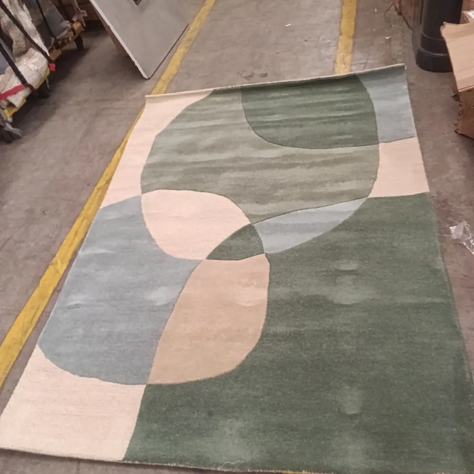 ABSTRACT GEOMETRIC AREA RUG - GREEN, PINK AND BEIGE APPROXIMATELY 230 CM X 158 CM