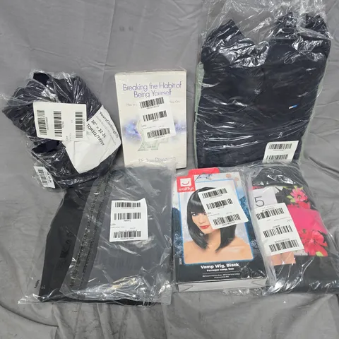 APPROXIMATELY 12 ASSORTED ITEMS TO INCLUDE VAMP WIG BLACK, SLIMLEG TROUSERS, 5 PACK OF T-SHIRTS, ETC