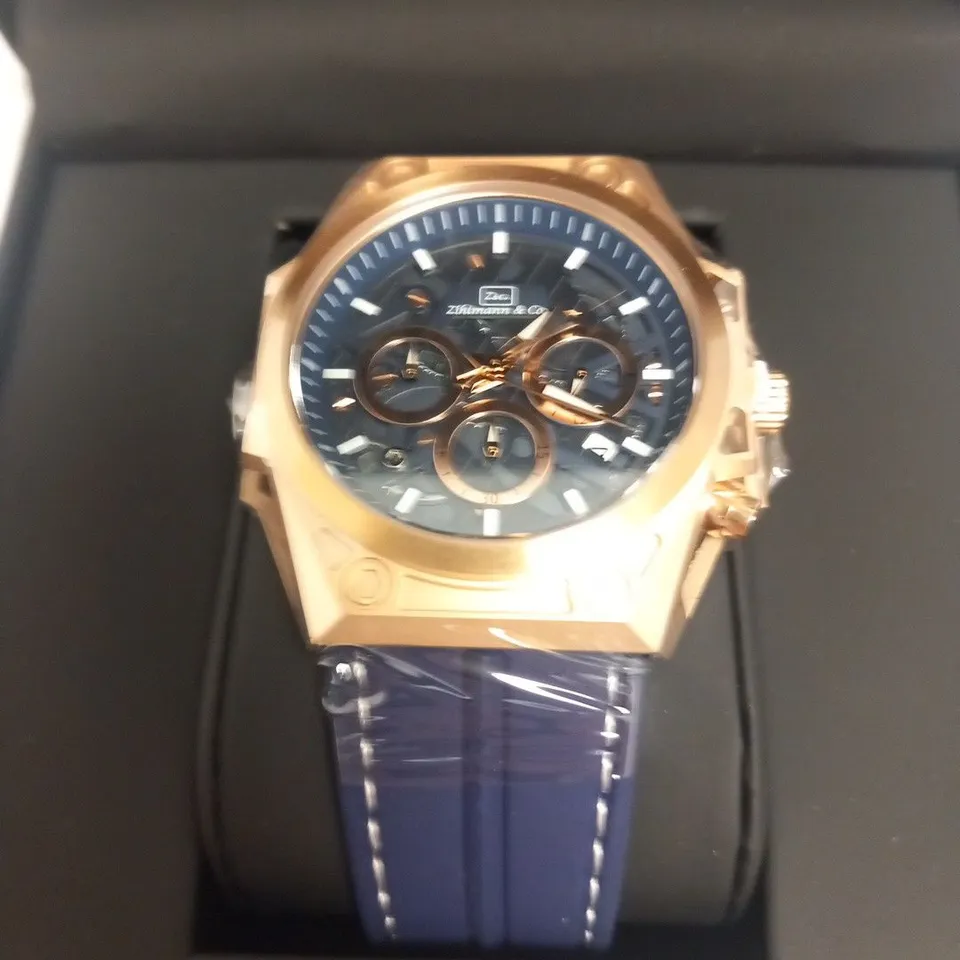 MEN’S ZIHLMANN & CO CHRONOGRAPH WATCH – MODEL ZC100 – STAINLESS STEEL CASE – BLACK DIAL WITH SUB DIALS – 5ATM WATER RESISTANT – BLUE STRAP – RRP £650