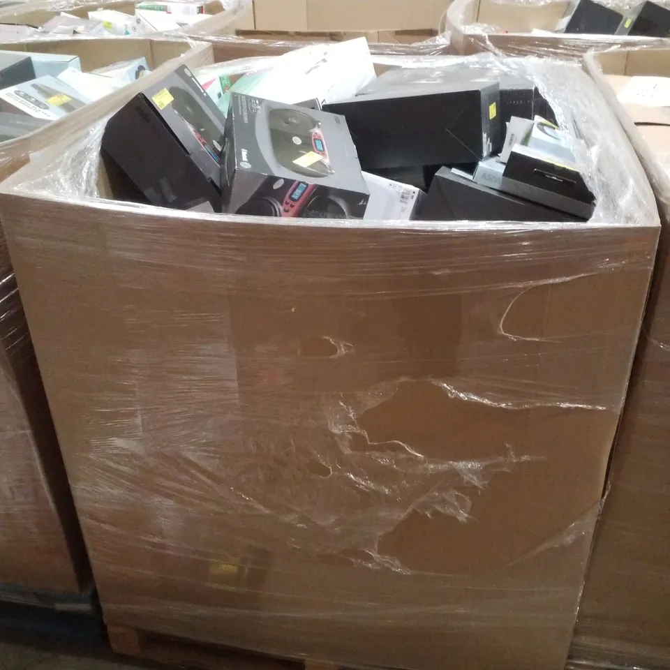 PALLET CONTAINING ASSORTED ELECTRICAL PRODUCTS INCLUDING CANON PIXMA TS3350 PRINTER, BLUETOOTH BOOMBOX, WIRELESS HEADPHONES, DIGITAL RADIO, HI-FI MICRO SYSTEM & KEYBOARD AND MOUSE COMBO