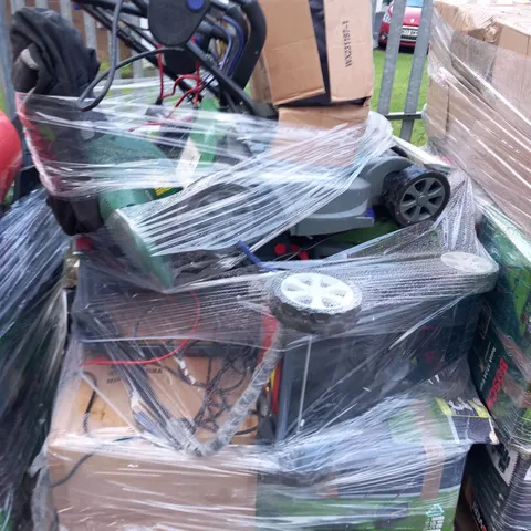 PALLET OF ASSORTED GARDEN POWER TOOLS TO INCLUDE; POWERBASE LAWN MOWER AND BOSCH LEAF BLOWER