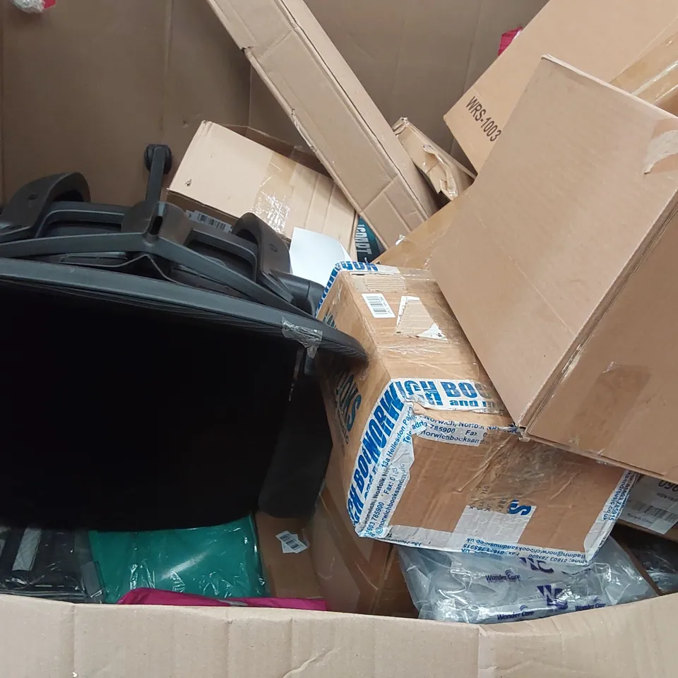 PALLET OF ASSORTED ITEMS INCLUDING: OFFICE CHAIR, GOTHIC STYLE CAT TREE, SHOWER SYSTEM, RUG, LED LIGHT AQUARIUM ECT