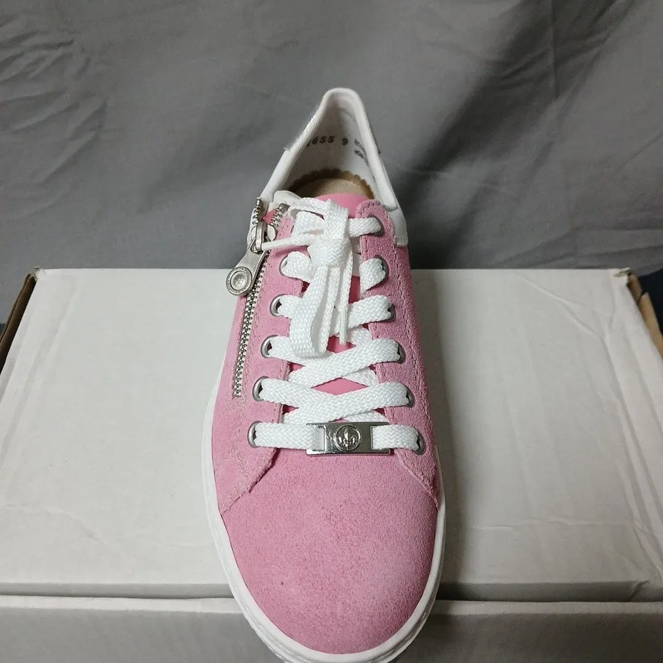 BOXED PAIR OF RIEKER PINK SUEDE TRAINERS – SIZE 39
