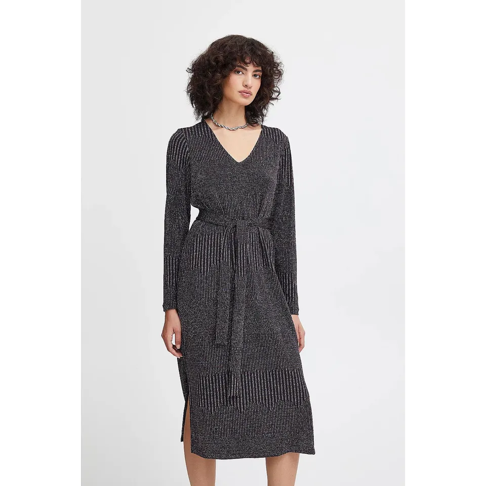 ICHI NILA RIBBED V NECK DRESS IN BLACK SIZE 2XL