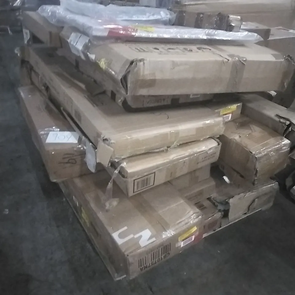 PALLET OF HOUSEHOLD ITEMS TO INCLUDE WOODEN RADIATOR COVER,CANVAS ART,DESK,STAINLESS STEEL SINK AND OTHER ASSORTED ITEMS...