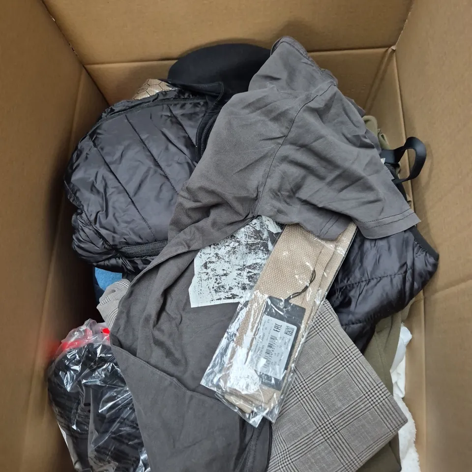 LARGE BOX OF ASSORTED CLOTHING ITEMS IN VARIOUS SIZES, STYLES AND COLOUR 