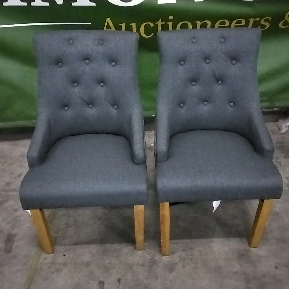 SET OF 2 DARK GREY FABRIC BUTTONBACK DINING CHAIRS WITH ARM REST AND WOODEN LEGS