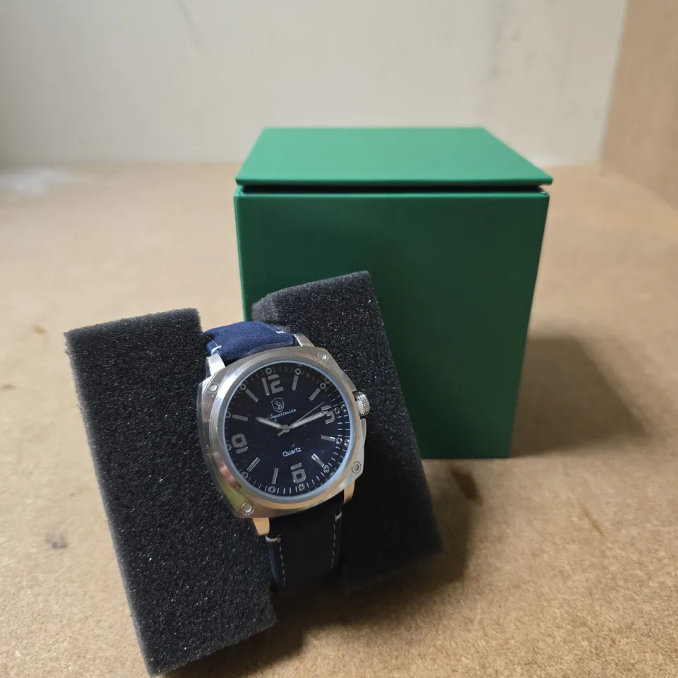 BOXED SCHWARTZBAUER NAVY DIAL FABRIC STRAP WATCH