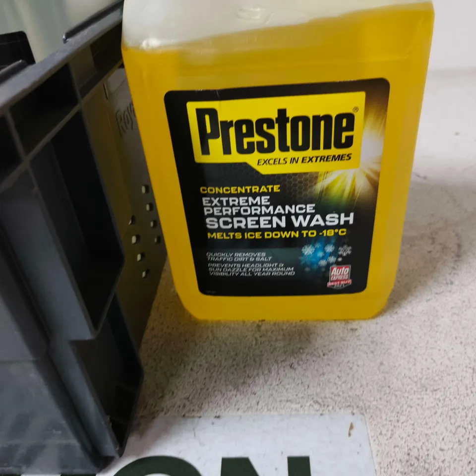 TOTE OF APPROXIMATELY 5 ASSORTED LIQUIDS TO INCLUDE: PRESTONE CONCENTRATE SCREEN WASH