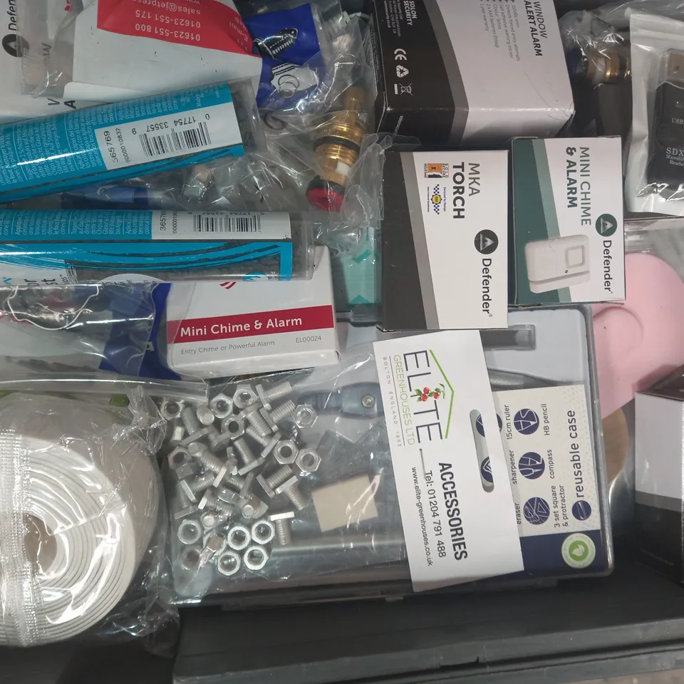 LOT OF APPROXIMATELY 20 ASSORTED HOUSEHOLD ITEMS TO INCLUDE BIG TOE HOLE PREVENTER, WINDOW ALERT ALARM, COLOR BURST CRYSTAL CHIPS, ETC