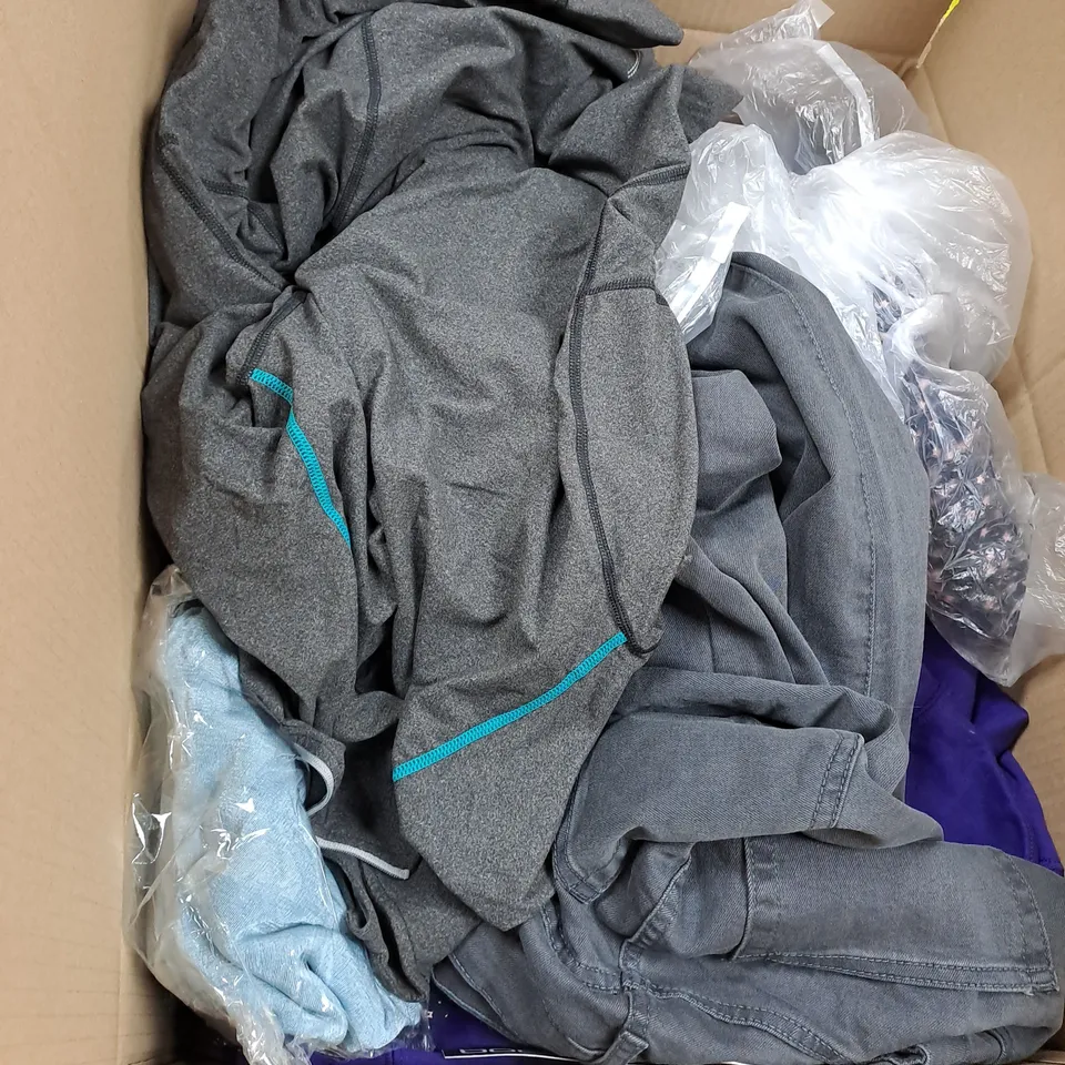 BOX OF APPROX. 50 ASSORTED CLOTHING VARYING IN SIZE/COLOUR/STYLE TO INCLUDE:  TOPS, TROUSERS, JUMPERS