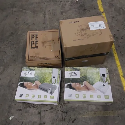 PALLET TO CONTAIN ASSORTED HOUSEHOLD ITEMS AND CONSUMER PRODUCTS. INCLUDING ELECTRIC HEATED UNDER BLANKET, TOILET RISER, TUMBLER HEAT PRESS ETC
