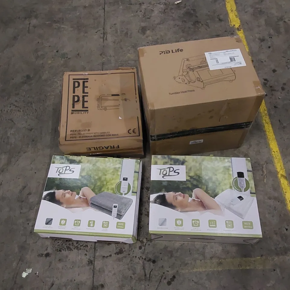 PALLET TO CONTAIN ASSORTED HOUSEHOLD ITEMS AND CONSUMER PRODUCTS. INCLUDING ELECTRIC HEATED UNDER BLANKET, TOILET RISER, TUMBLER HEAT PRESS ETC