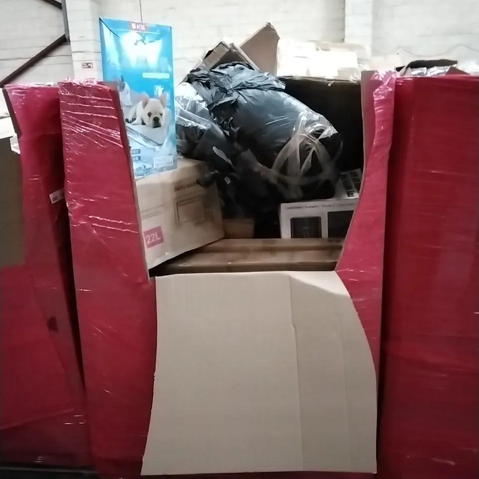 PALLET OF ASSORTED HOUSEHOLD GOODS AND PRODUCTS TO INCLUDE; KITCHEN APPLIANCES, PET PRODUCTS, BOXED FURNITURE ETC 