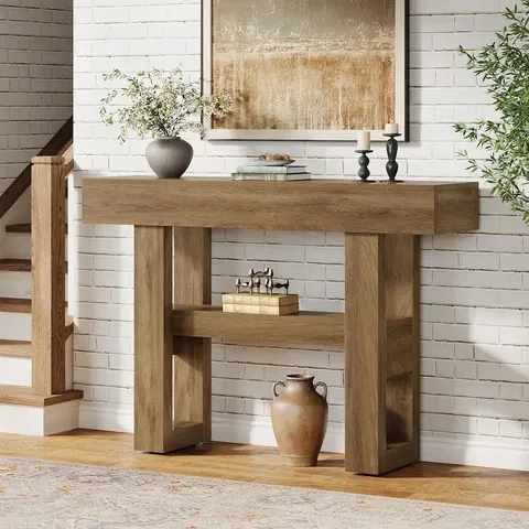 BOXED TRIBESIGNS - CONSOLE TABLE WITH STORAGE SHELVES, ADJUSTABLE FEET AND SPACE-SAVING DESIGN - LIGHT BROWN