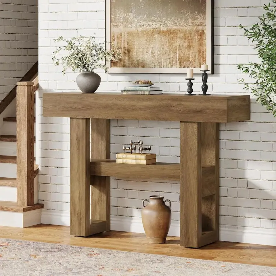 BOXED TRIBESIGNS - CONSOLE TABLE WITH STORAGE SHELVES, ADJUSTABLE FEET AND SPACE-SAVING DESIGN - LIGHT BROWN