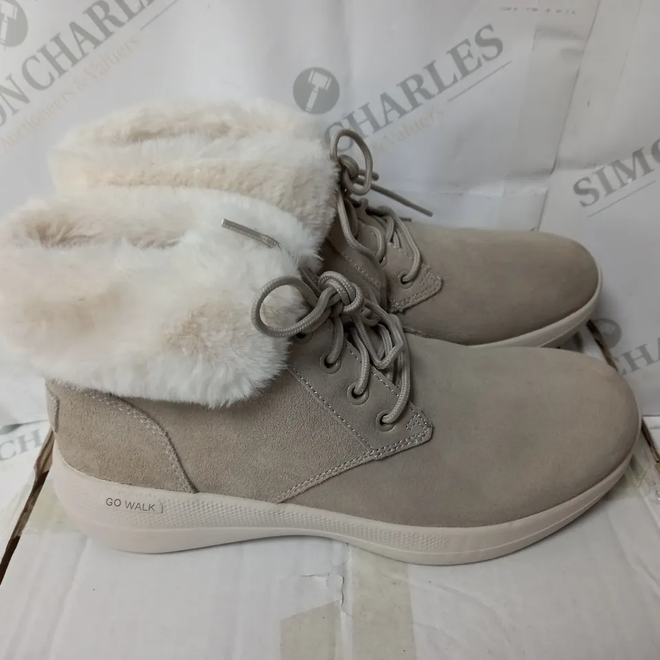 BOXED SKECHERS GO WALK STABILITY SUEDE BOOTS, TAUPE - SIZE 4