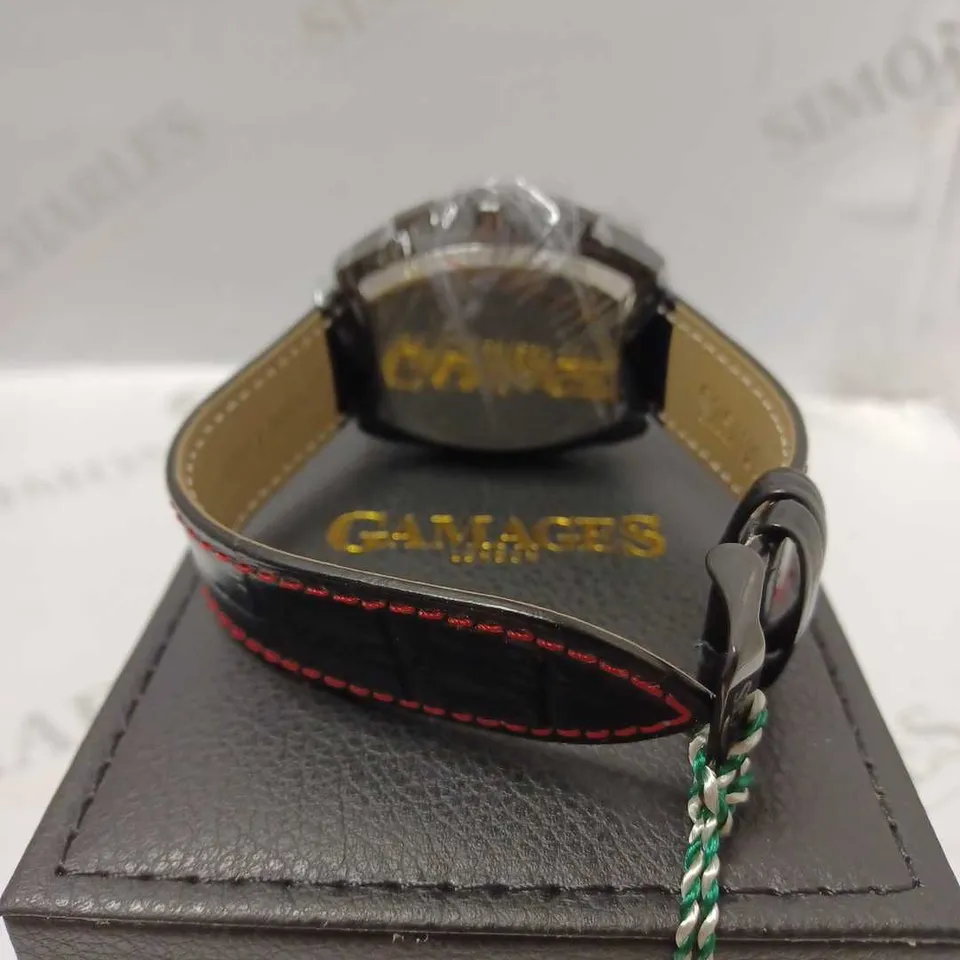 GAMAGES GALACTIC BLACK TRIPLE DATE DIAL RED STRIPE AUTOMATIC LEATHER STRAP WRISTWATCH	