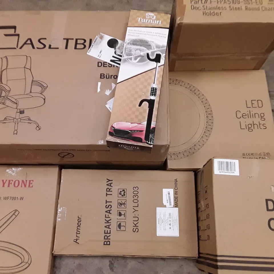 UNPROCESSED PALLET OF ASSORTED ITEMS TO INCLUDE OFFICE CHAIR, LED CEILING LIGHT AND DISTILLER