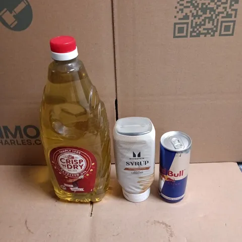 APPROXIMATELY 12 ASSORTED FOOD AND DRINKS ITEMS TO INCLUDE - 2L CRISP & DRY OIL, MYPROYEIN BUTTERSCOTCH SYRUP, RED BULL ETC 